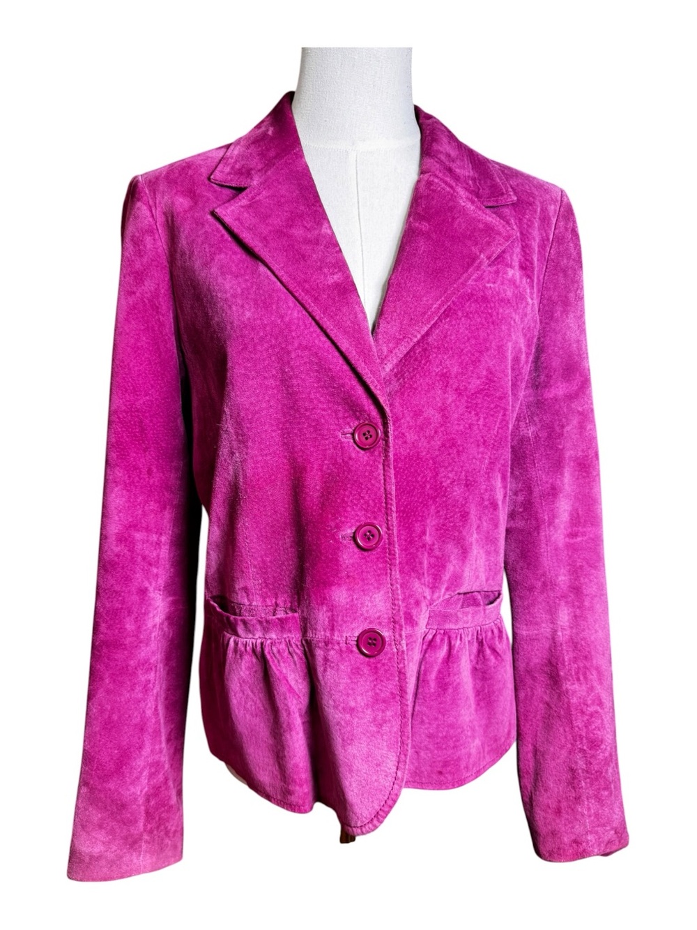 Vintage Parisian Signature Suede Leather Peplum Blazer Jacket Magenta Pink SZ M